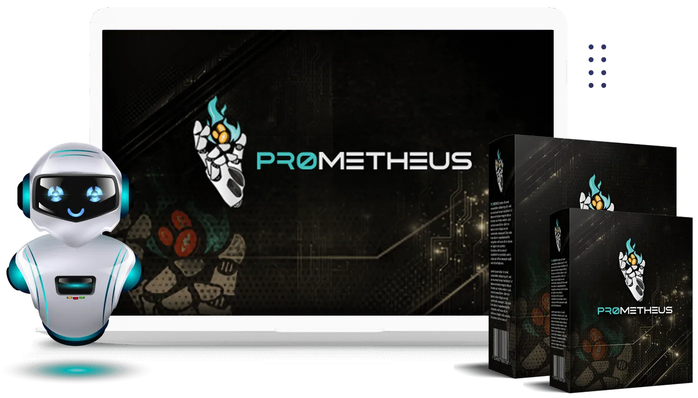 Prometheus AI crypto trading bot software shown on a laptop with product boxes